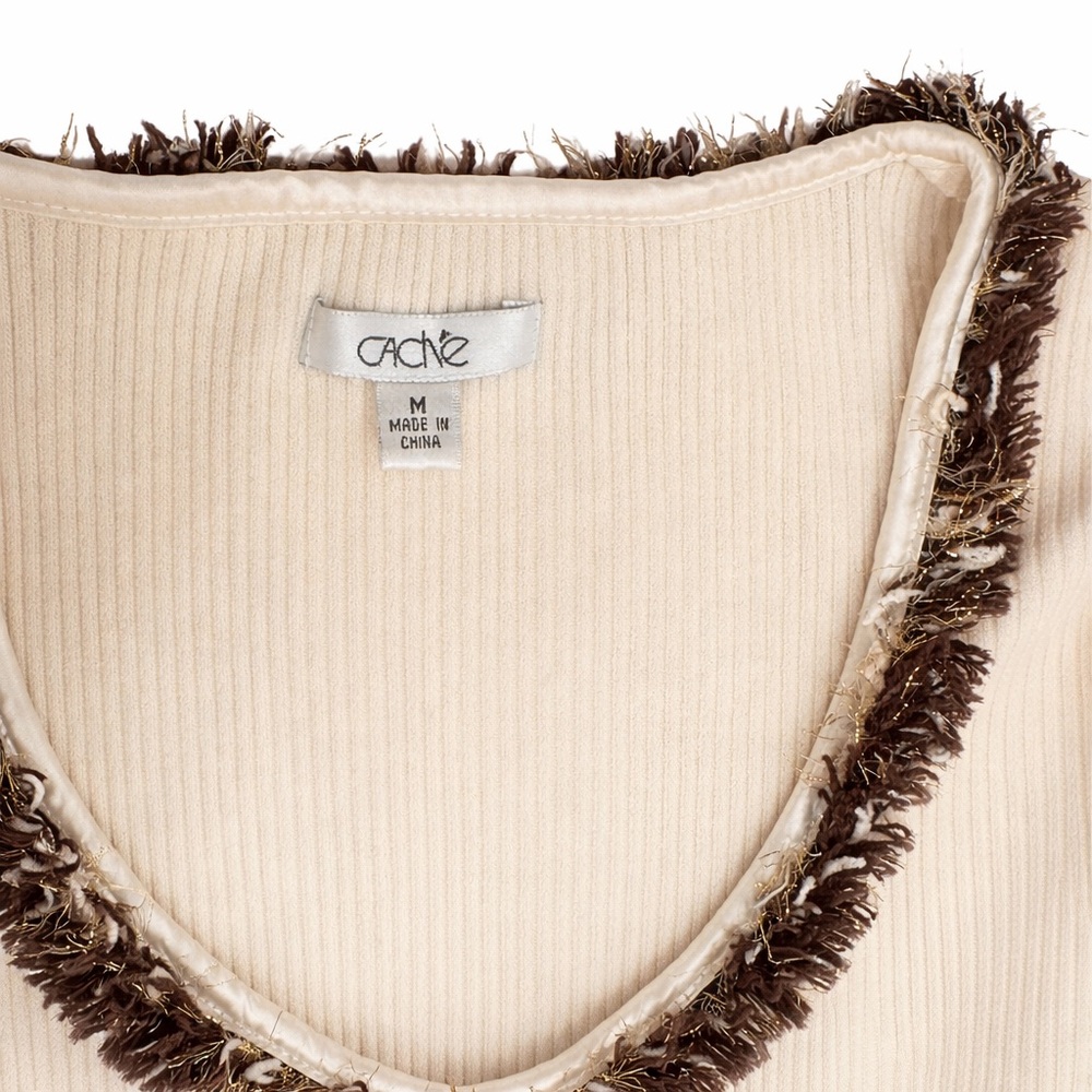 Vintage 90s Y2K Cache Cream Ribbed Fringe Cardigan Medium - Picture 6 of 6